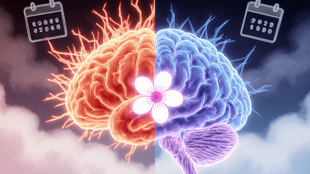 A brain illustration showing chaotic mania calmed by a loxapine molecule, rendered in gentle anime style.