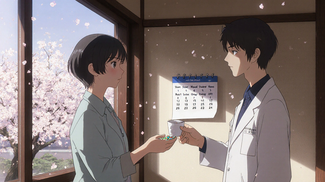 A doctor and patient exchanging pills in a clinic hallway with falling cherry blossoms outside.