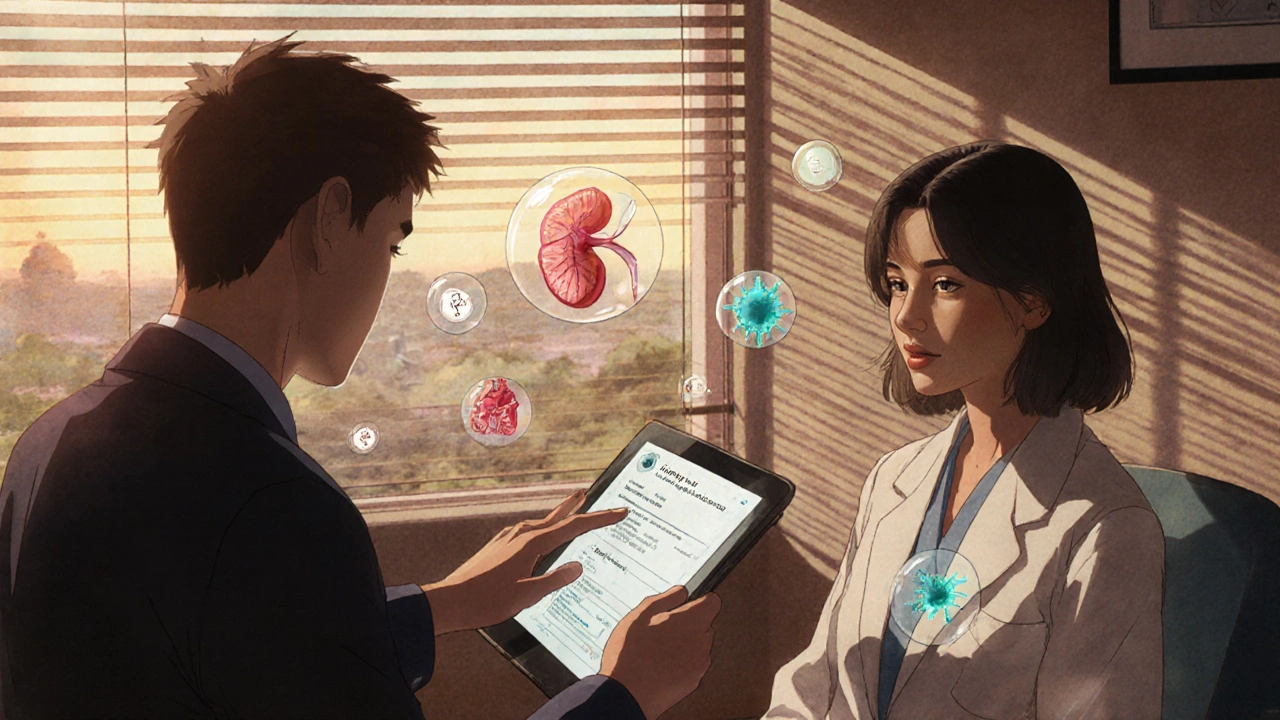 A doctor and patient in a sunlit clinic, discussing salt-sensitive hypertension with subtle molecular overlays.