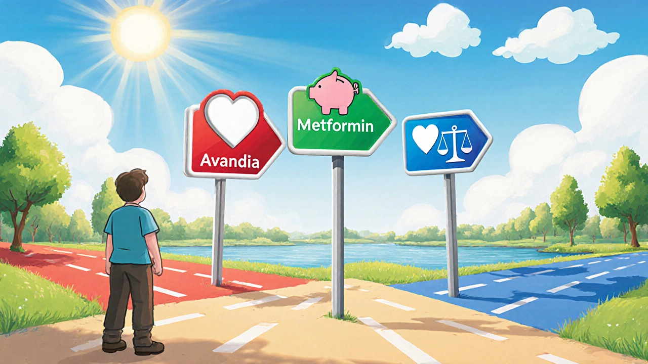 Animated crossroads with signposts for Avandia risks, cheap Metformin, and heart‑healthy alternatives.