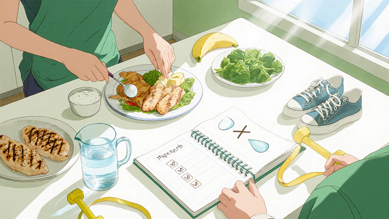 Anime kitchen scene showing balanced meal, water, and exercise gear for steroid management.