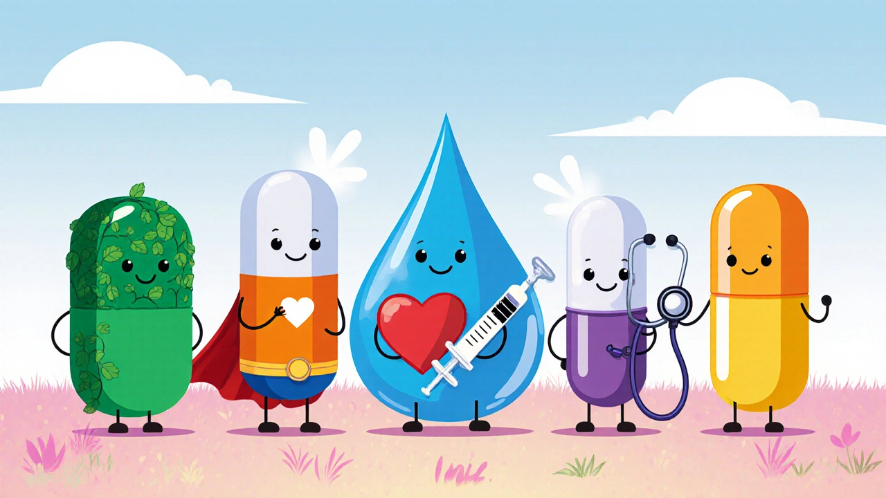Cartoon garden with personified diabetes drugs as friendly characters on a pastel lawn.