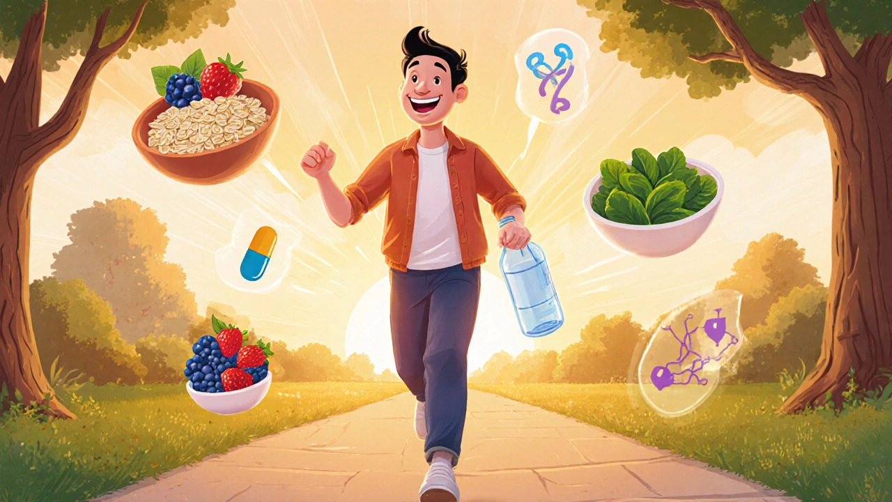 Cheerful character walking with water bottle, surrounded by fiber, probiotic, and magnesium icons.