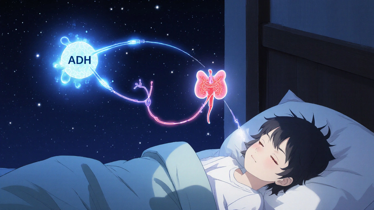 Child sleeping with glowing representations of ADH, bladder, and neural pathways.
