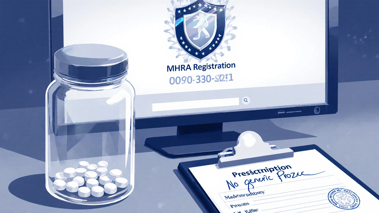 Close‑up of website footer showing official badge and prescription beside pills.