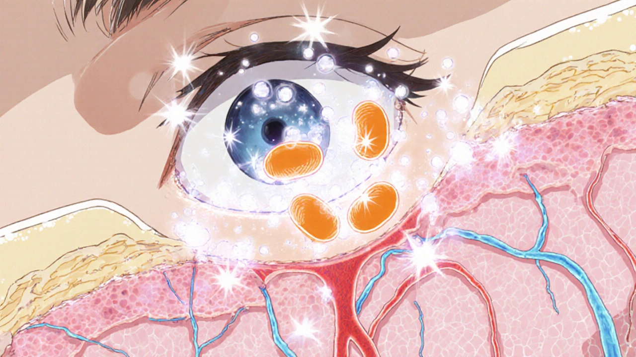 Cross‑section view of skin showing oxygen bubbles destroying acne bacteria and reducing inflammation.