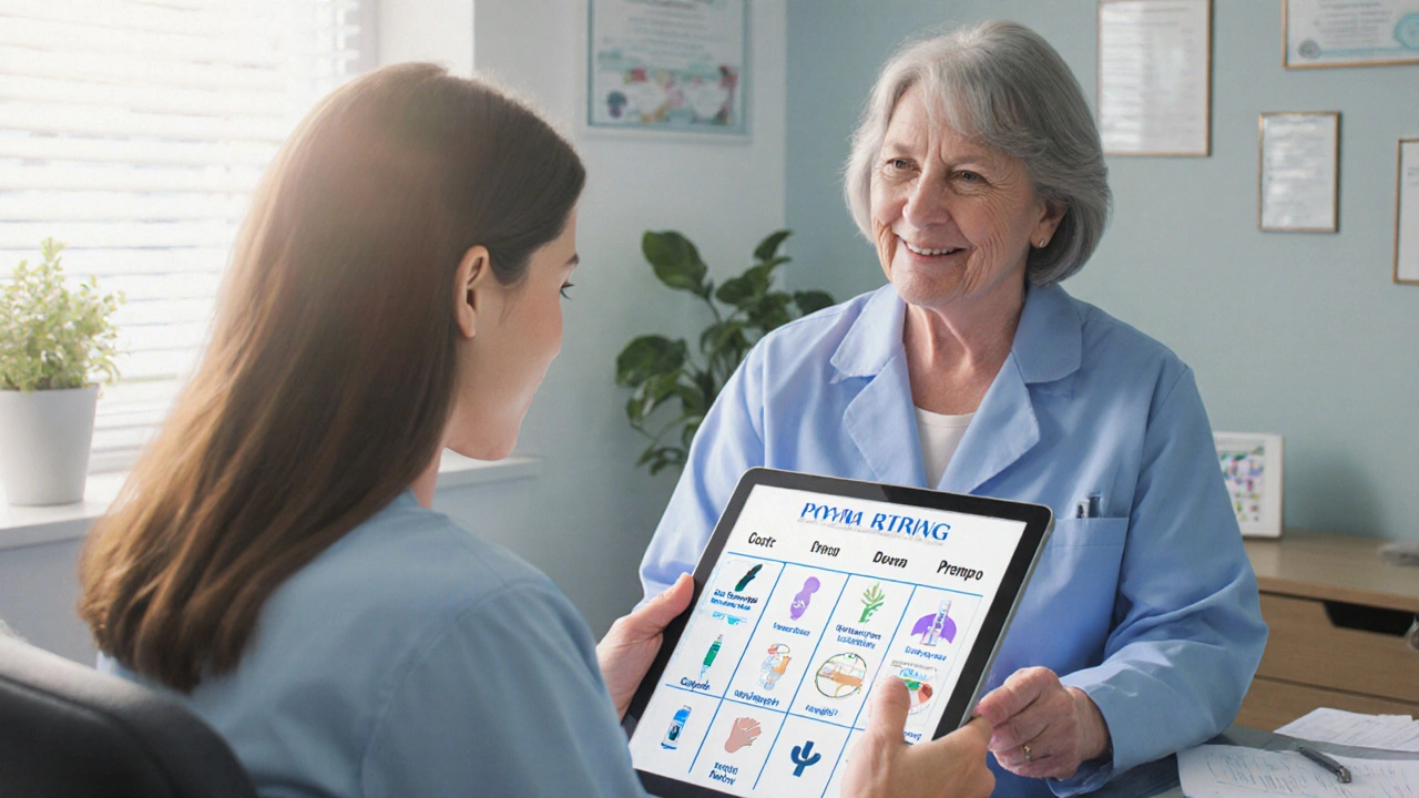 Doctor and patient reviewing a comparison chart of hormone therapies in a bright consultation room.