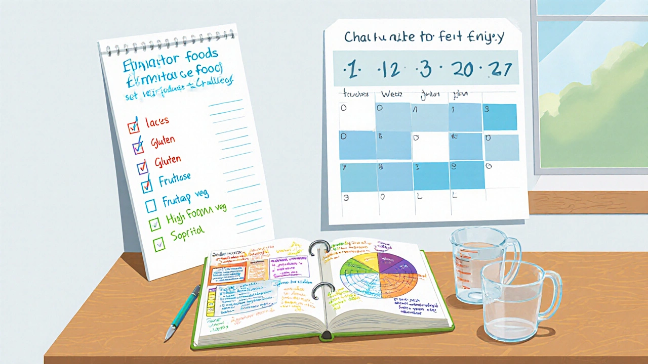 DreamWorks‑style kitchen table with elimination diet journal, food checklist, and water glass.