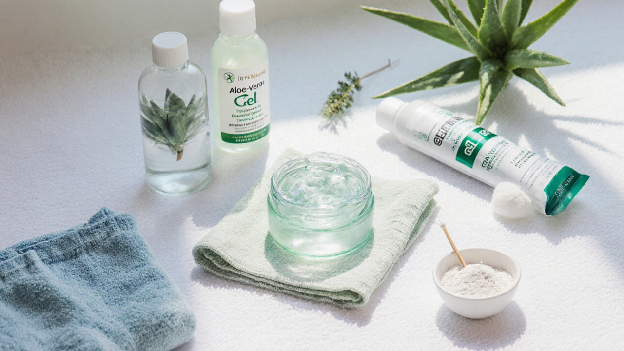 Flat‑lay of safe home‑remedy items: cold compress, aloe gel, hydrocortisone, baby powder, calamine, cotton underwear.