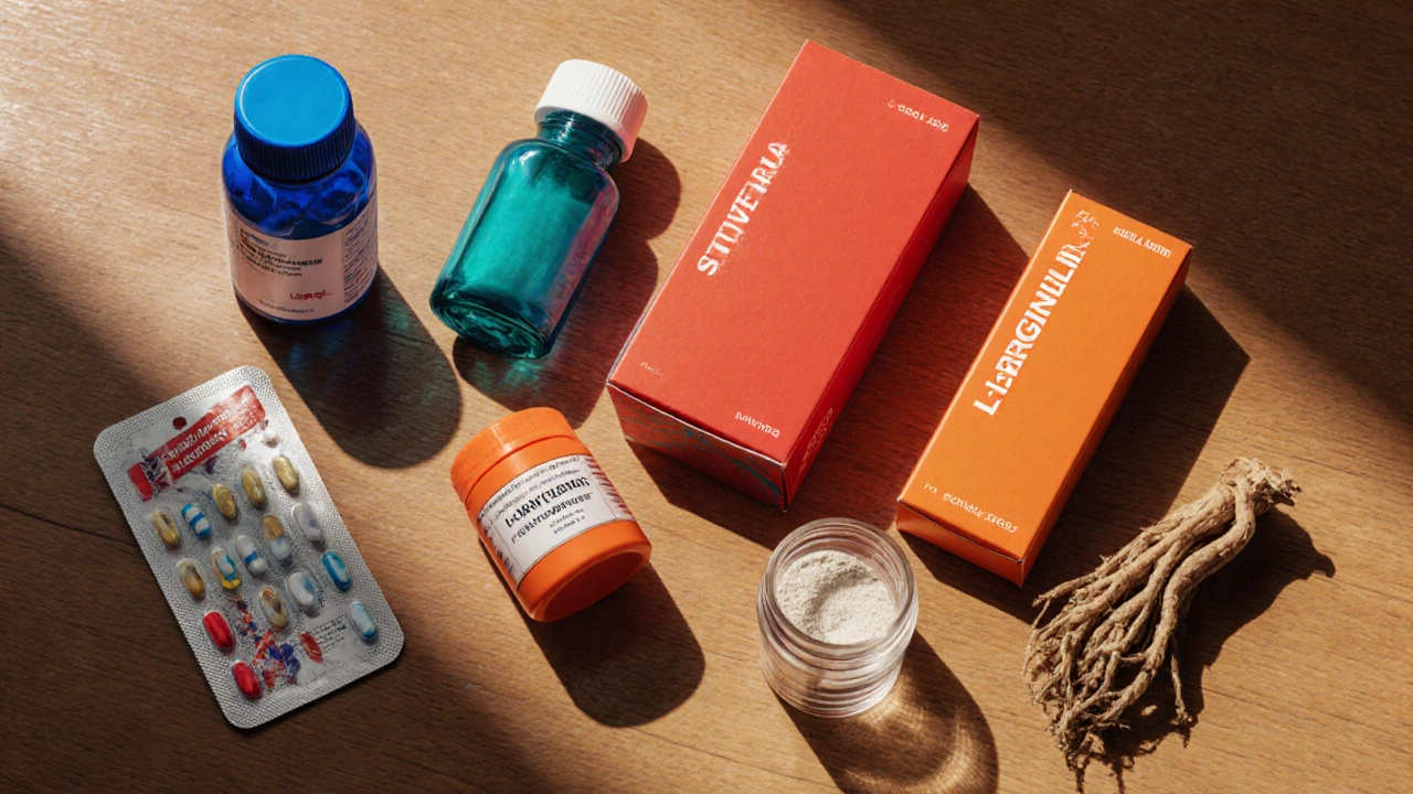 Flat‑lay of various PDE5 inhibitor bottles and natural supplement items on a wooden table.