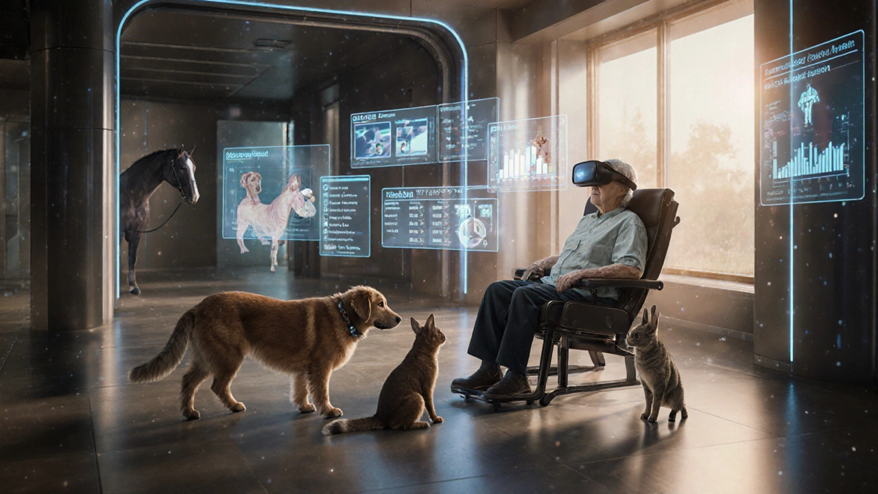 Futuristic rehab center with various therapy animals and holographic data.