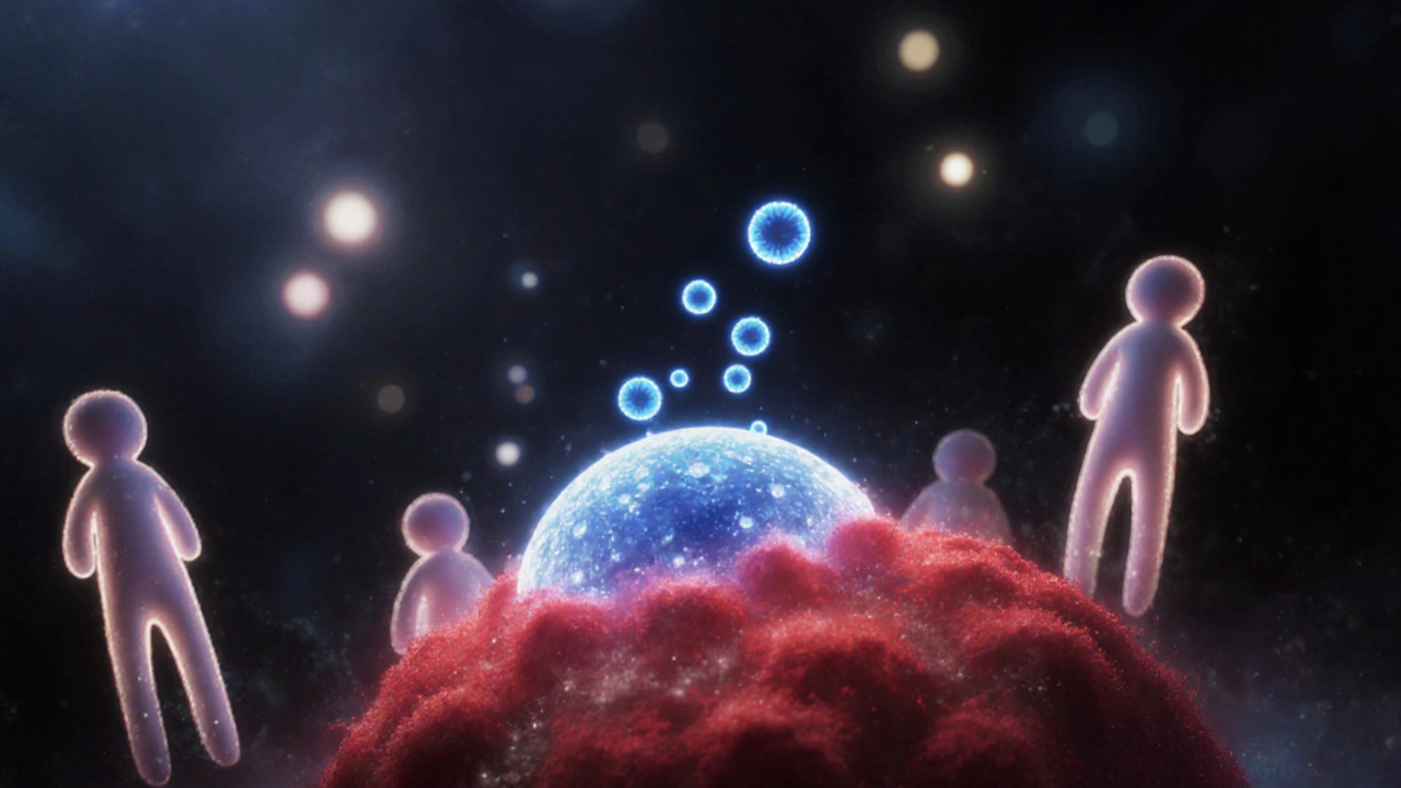 Glowing amiloride molecules neutralizing acid around a cancer cell as immune cells approach.