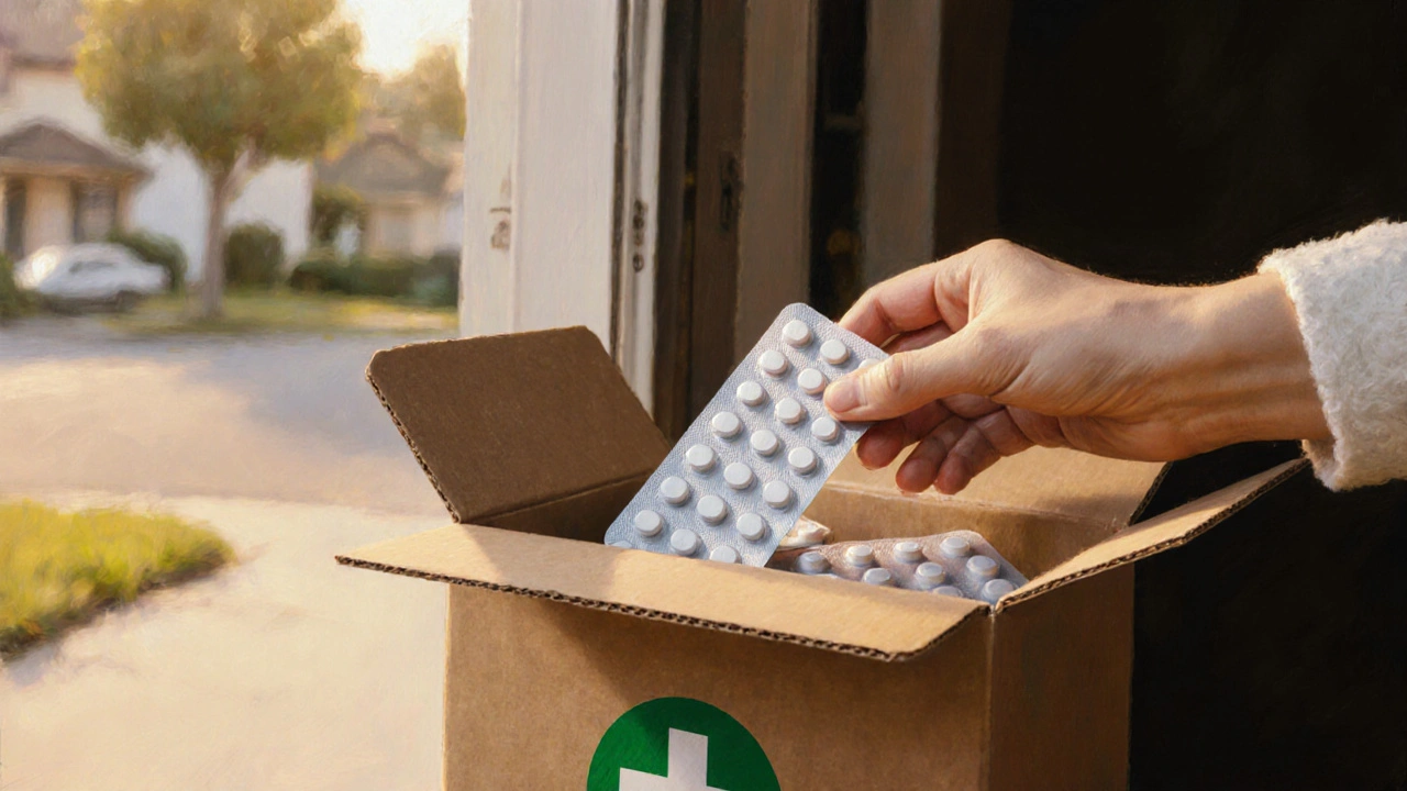 Hand opening a box to reveal a blister pack of tablets with a green pharmacy seal.