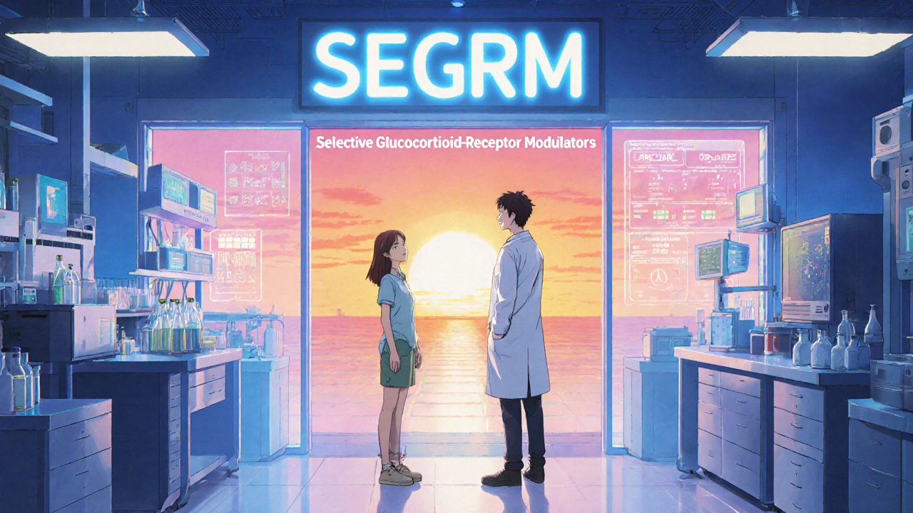 Hopeful anime character viewing sunrise next to futuristic medication lab.