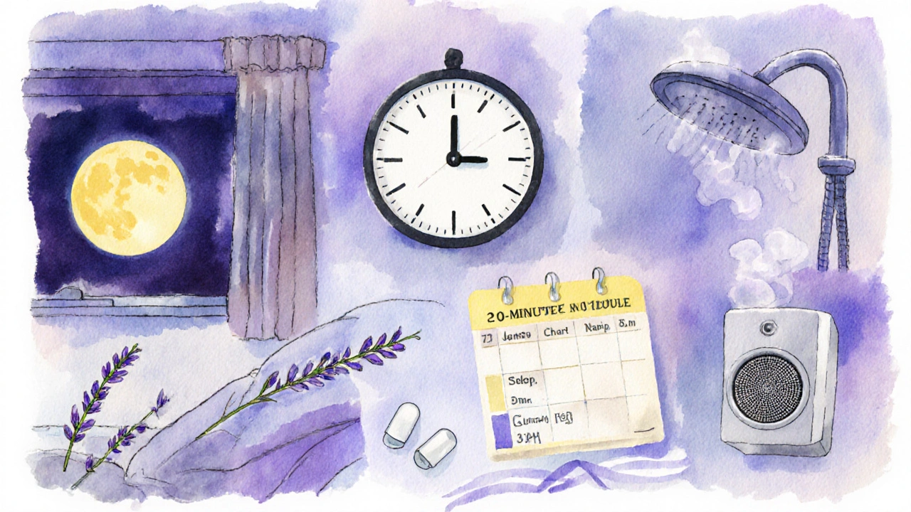 Illustration of sleep hygiene items like lavender, shower, and earplugs.