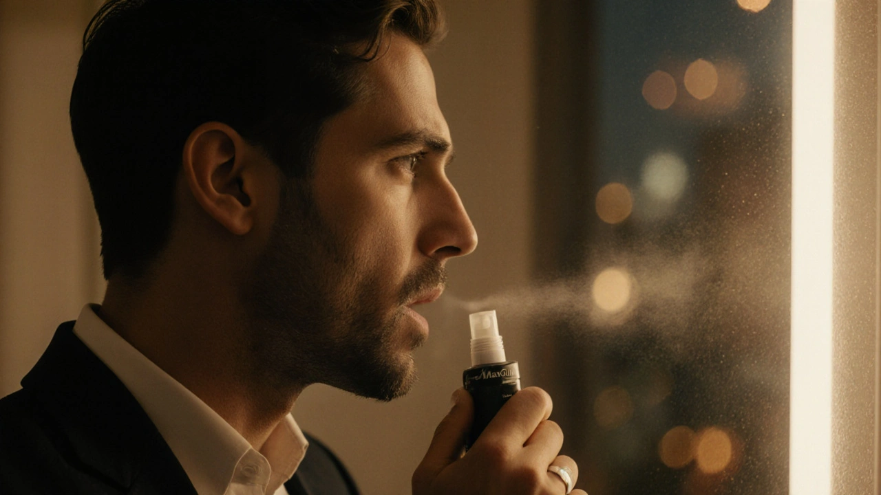 Man applying MaxGun spray in a bathroom with warm city lights outside.