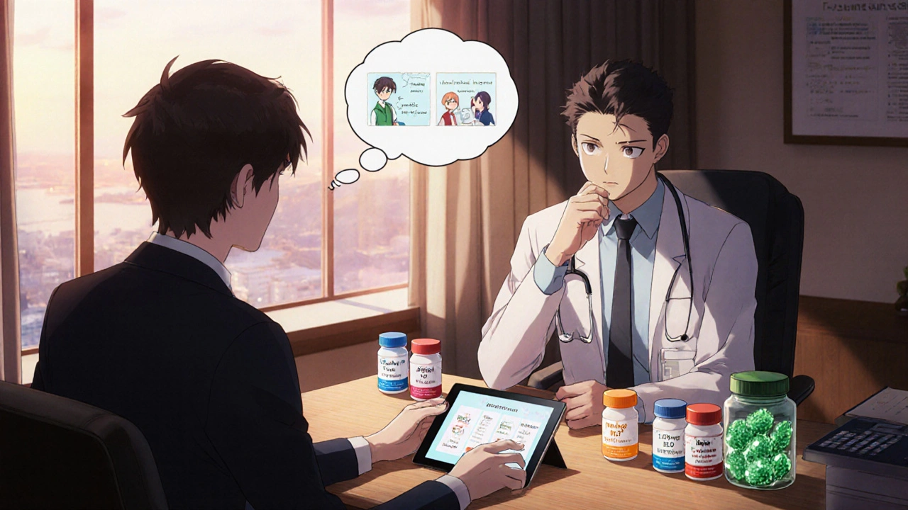 Man with doctor, table showing Mega ED Pack, single pills, and supplement.