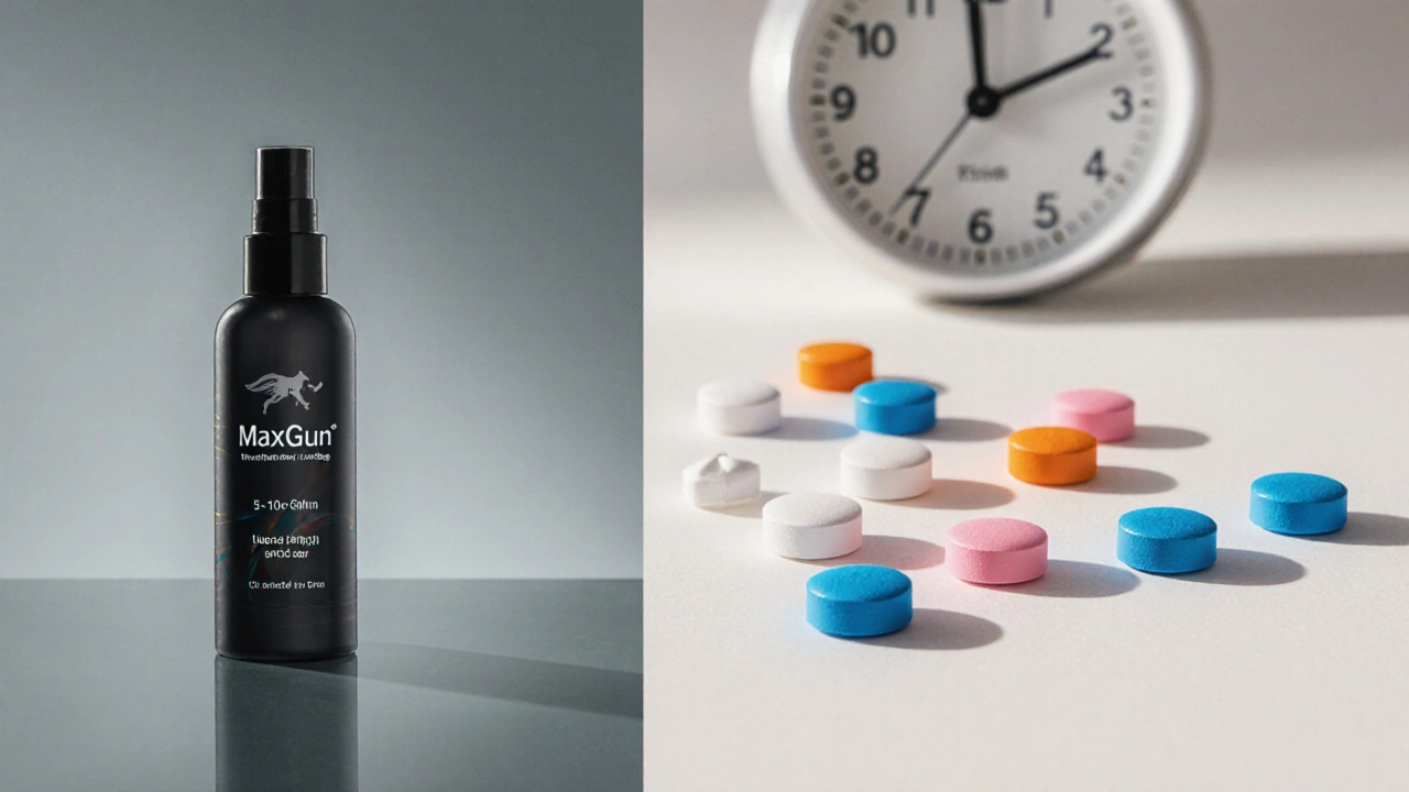 MaxGun spray bottle beside assorted ED tablets on a reflective surface.