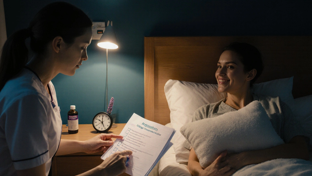 Nurse and patient discussing a bedside sleep plan in warm lighting.