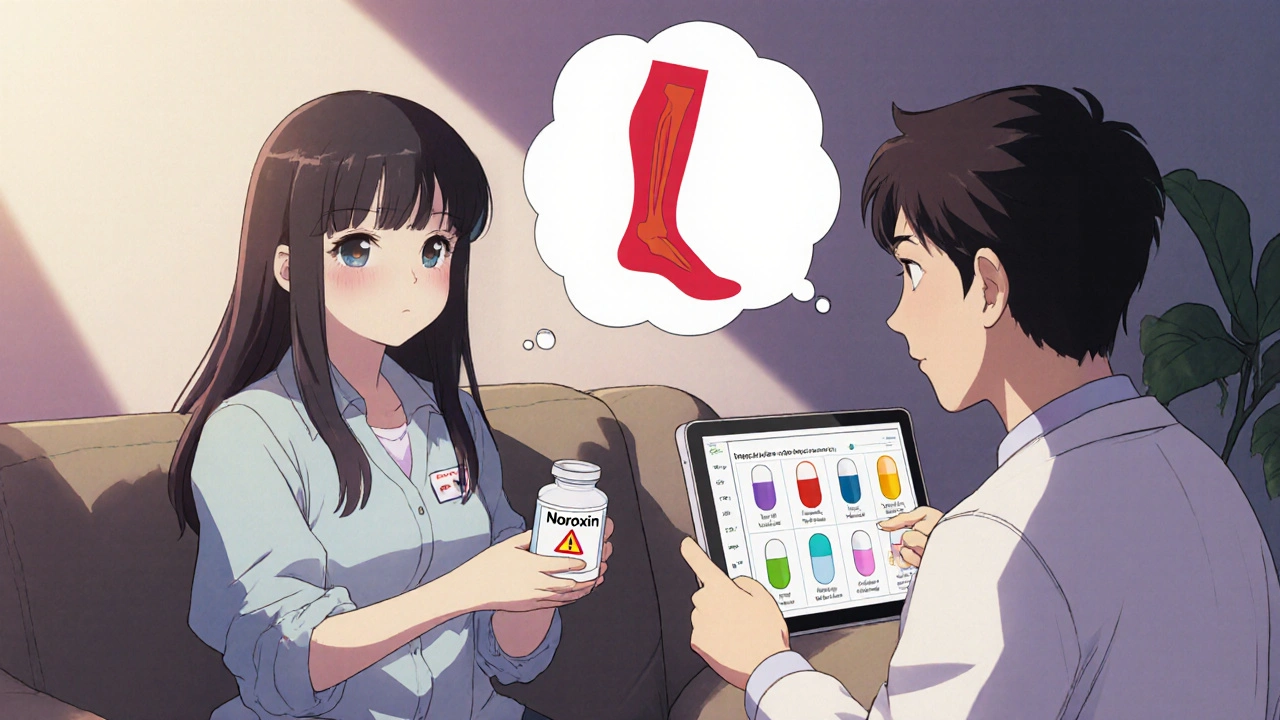 Patient holding Noroxin bottle with tendon pain thought bubble, doctor on tablet showing alternative pills.