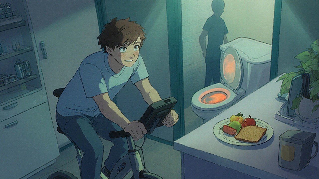 Patient riding an exercise bike, drinking water, and seeing orange‑tinged urine, with supportive medical silhouettes.