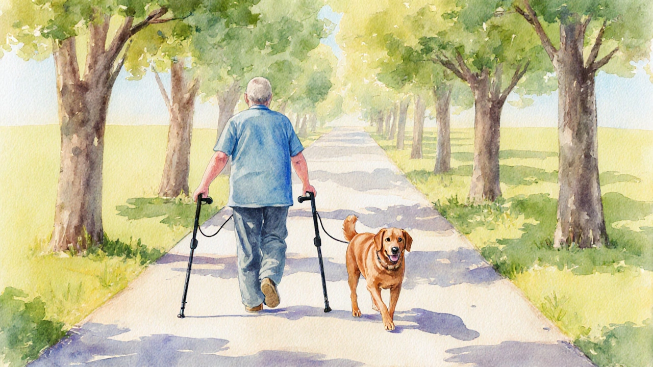 Patient walking confidently with a therapy dog on a sunny park path.