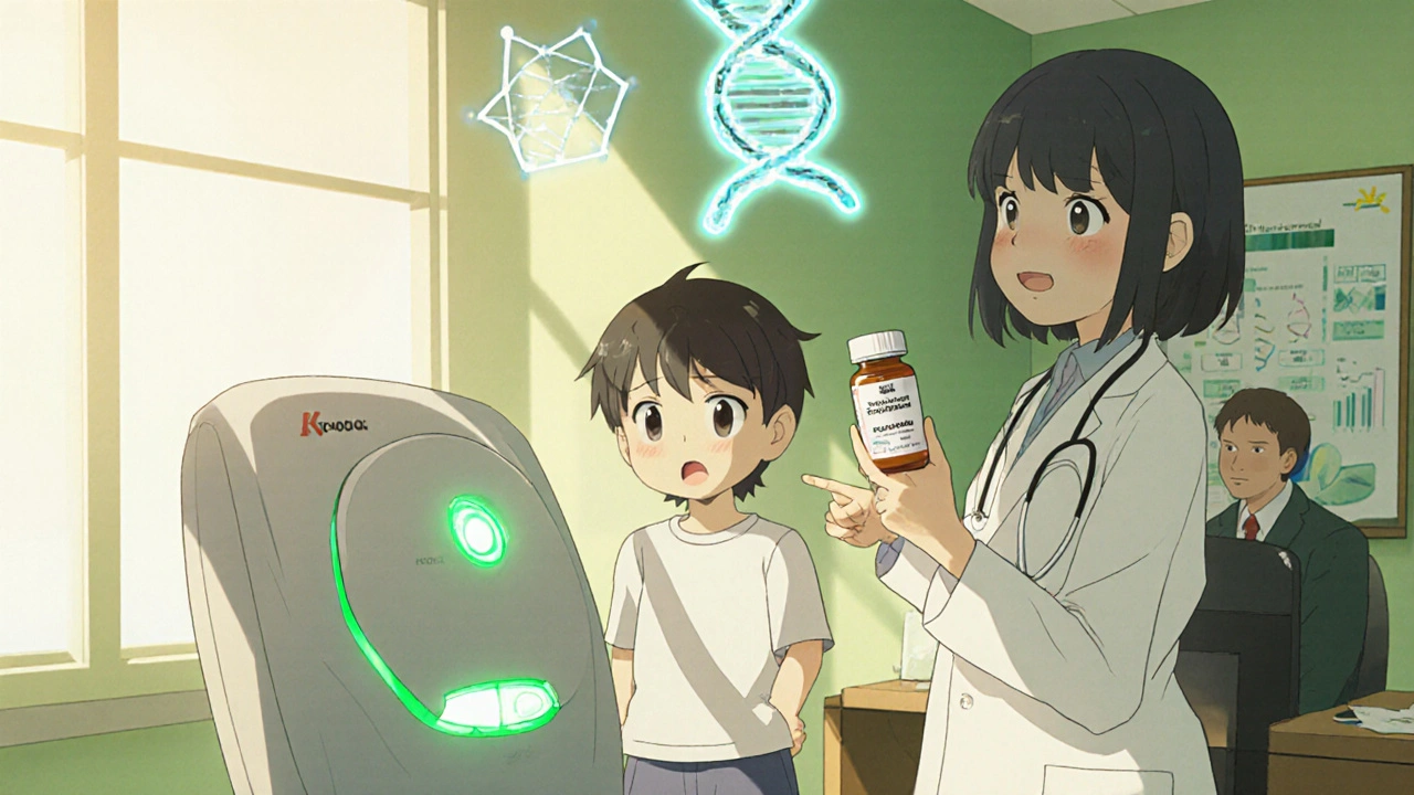Pediatric clinic with child, alarm device, doctor, and holographic DNA helix.