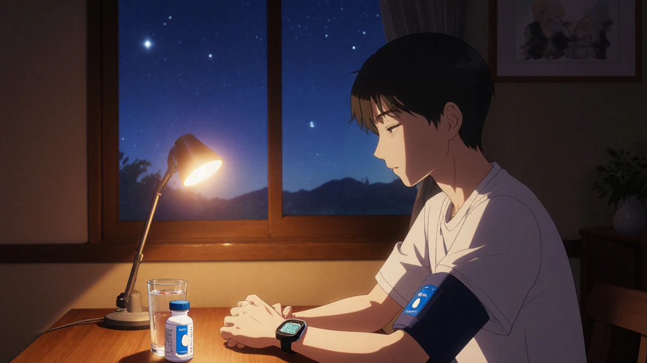 Person checking blood pressure at home with a pill bottle and evening lighting.