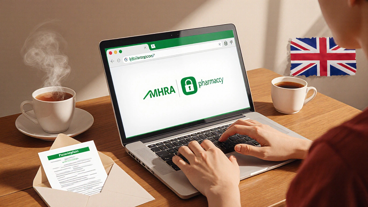 Person ordering medication on a laptop with green pharmacy logo and padlock icon.