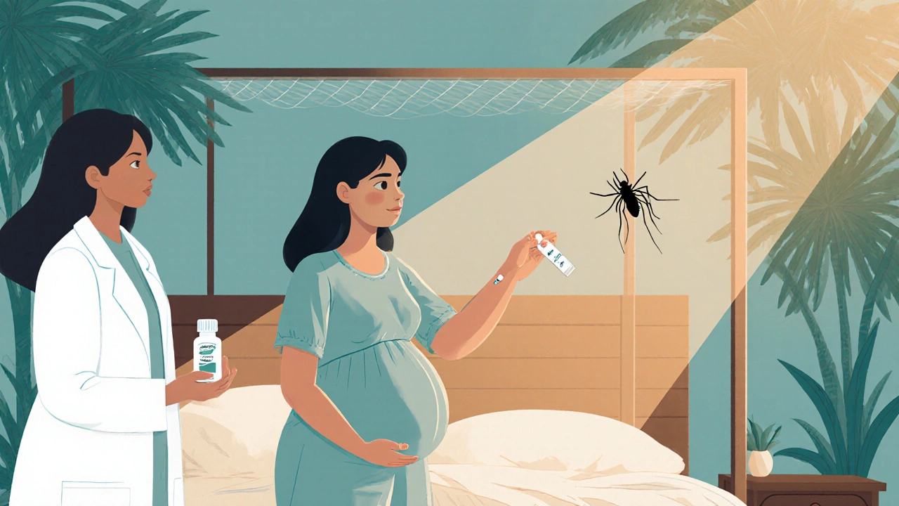 Pregnant woman applying safe repellent at night under a mosquito net, with a midwife offering antihistamine tablets.