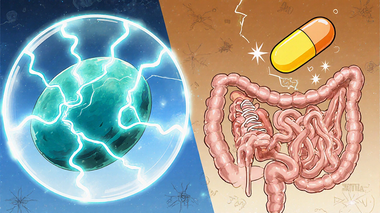 Split illustration of Noroxin disrupting bacterial DNA and Nitrofurantoin concentrating in the bladder.