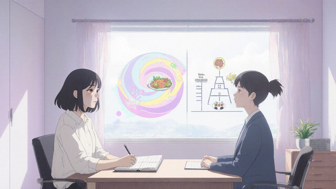 Therapist and patient discuss thoughts in a calm counseling room.