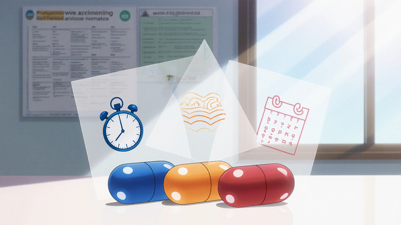 Three colored pills on clinic desk with symbols for onset and duration.