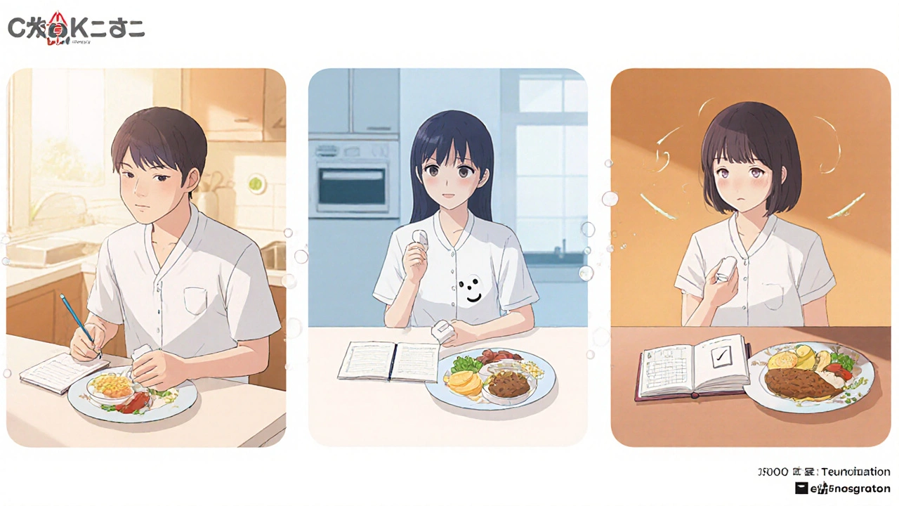 Three panels showing a patient taking medication at breakfast, lunch, and dinner while noting symptoms.