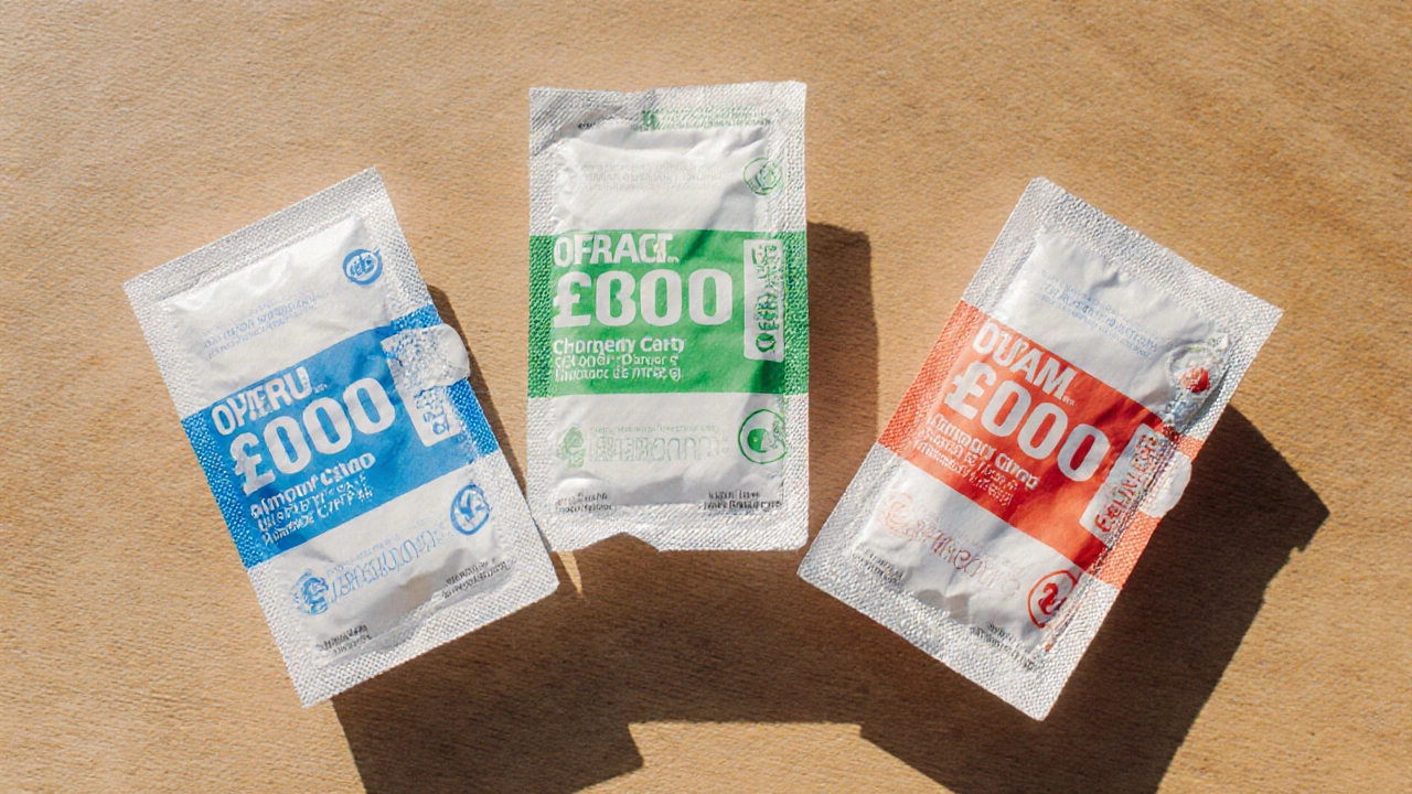 Three sealed blister packs arranged on a table to show different UK online pharmacy options.