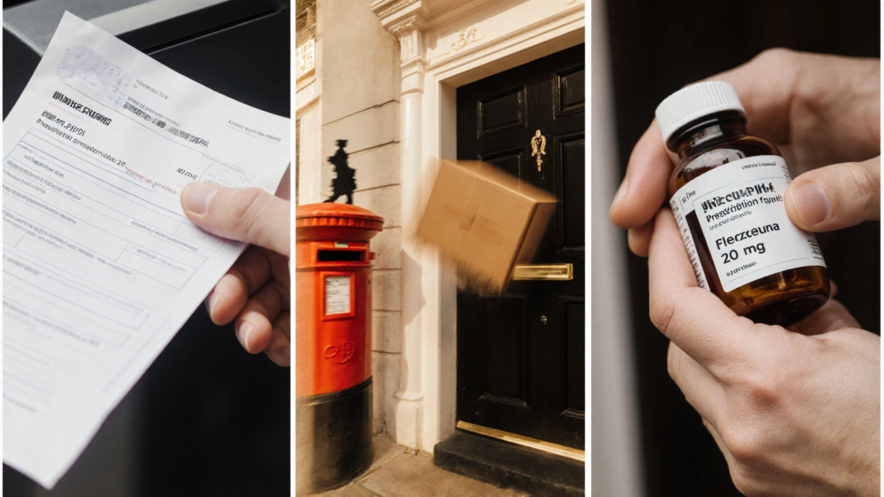 Three-step scene: prescription scan, delivery box arrival, patient checking medication.