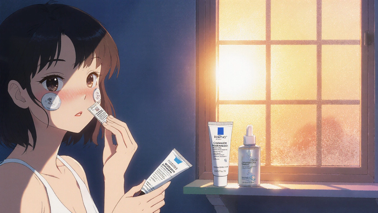 Woman applying benzoyl peroxide, then moisturizer and sunscreen, skin appears clear and calm.