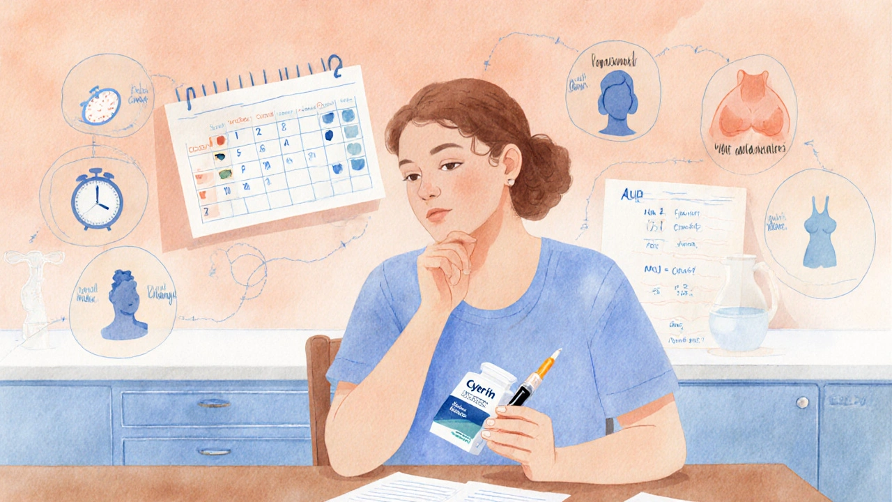 Woman at a table holding a tablet and syringe, surrounded by icons for side‑effects and a calendar.
