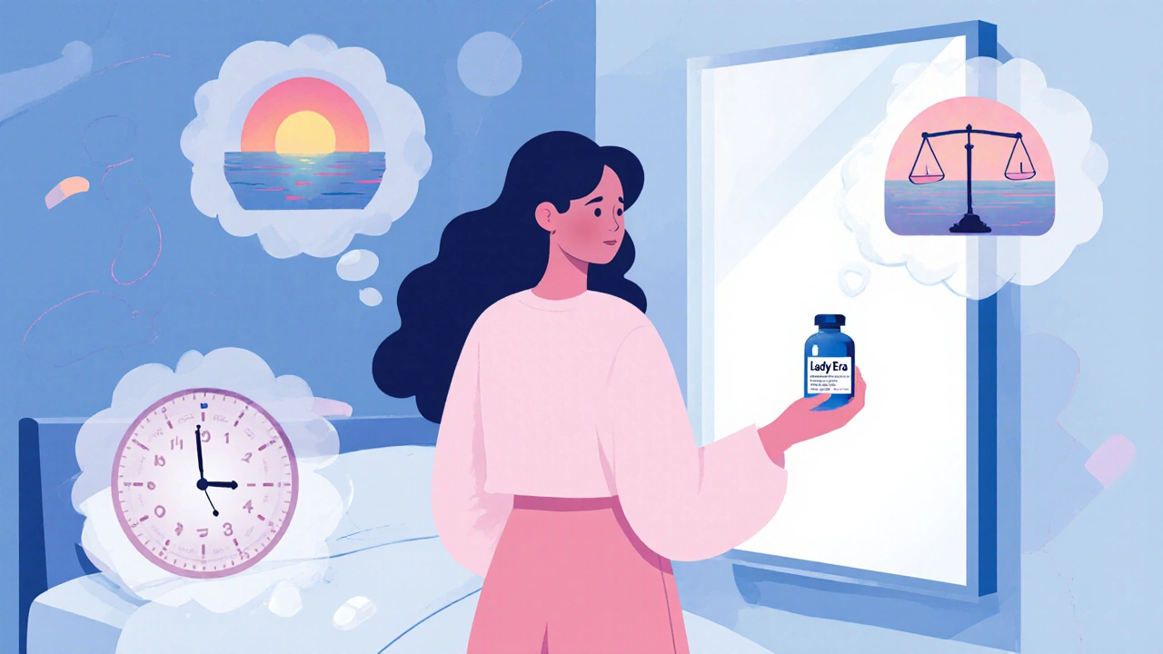 Woman at a vanity mirror holding Lady Era, with thought bubbles showing onset, duration, dosage.