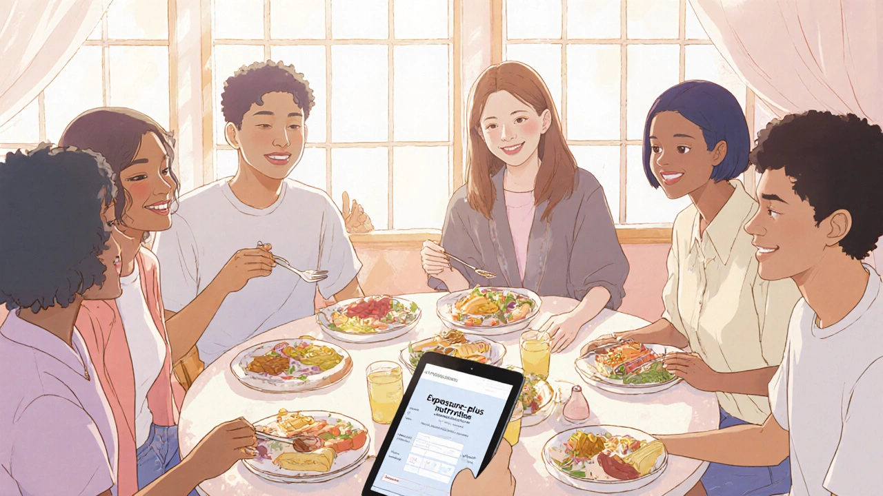 Young adults share a meal together in a supportive group setting, smiling.