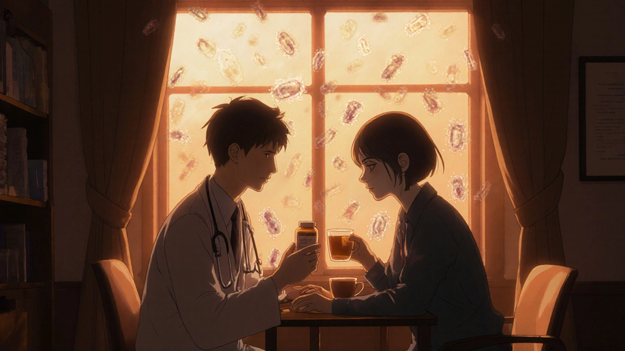 A doctor and patient in a sunlit clinic, with fading bacterial shadows around them.