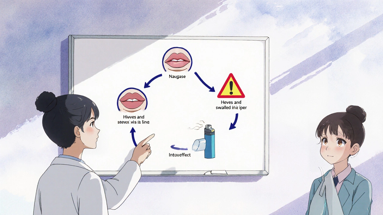 A doctor explains drug reaction types using a colorful animated flowchart in a bright room.