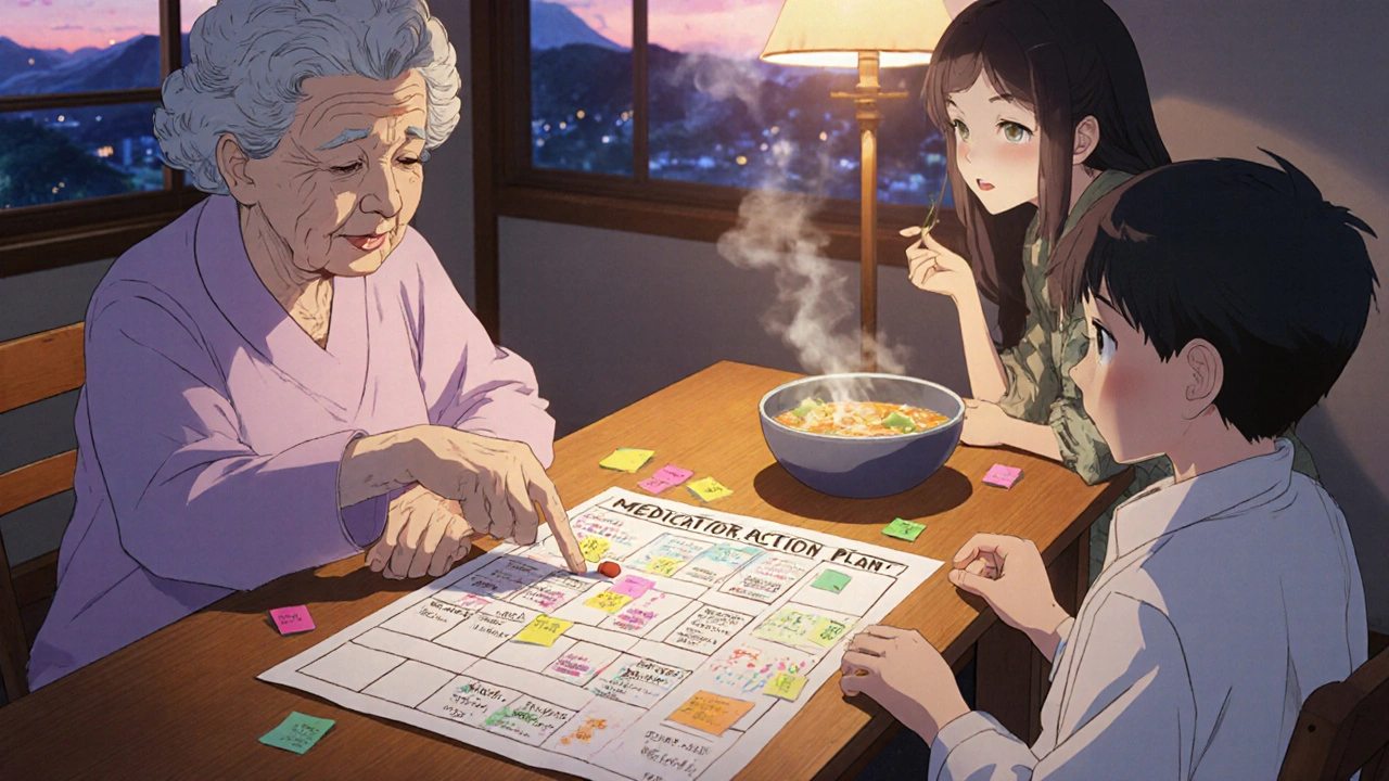 A family discusses a medication plan at dinner, using colorful icons and sticky notes to track doses.