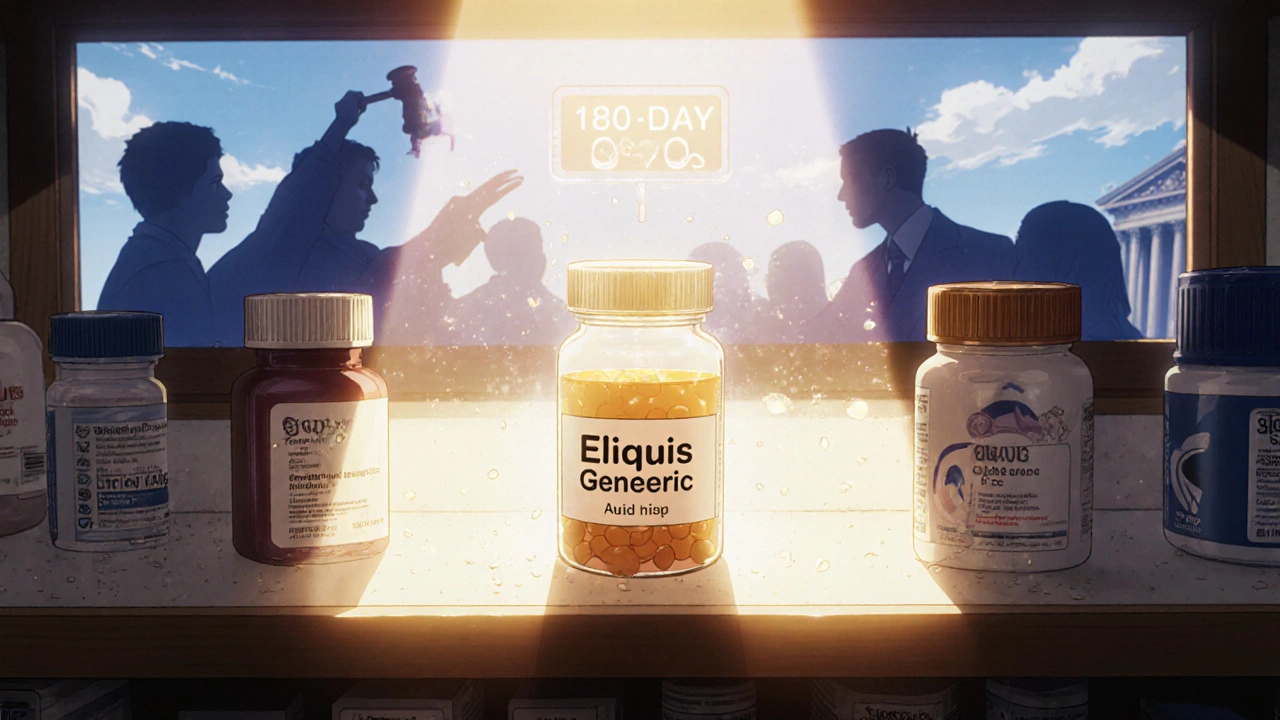 A generic drug bottle on a pharmacy shelf with a 180-day countdown and patients reaching for it.
