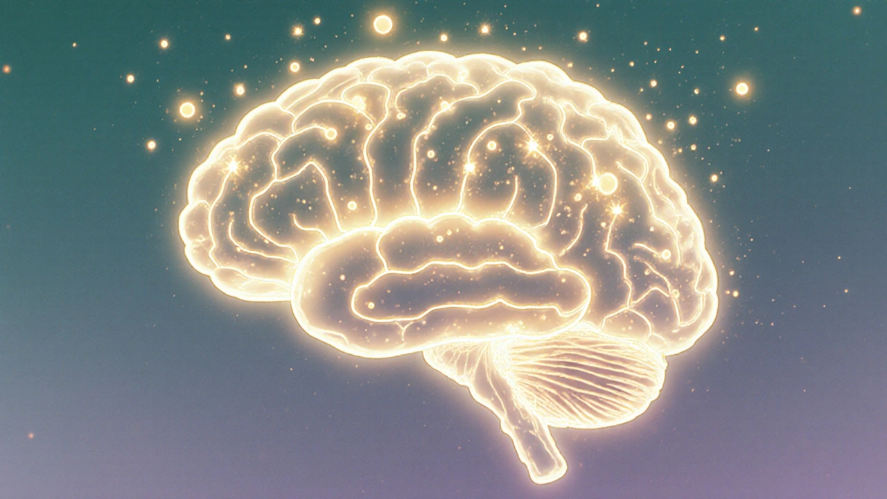 A glowing brain with golden molecules flowing into mitochondria, powering neurons with light.