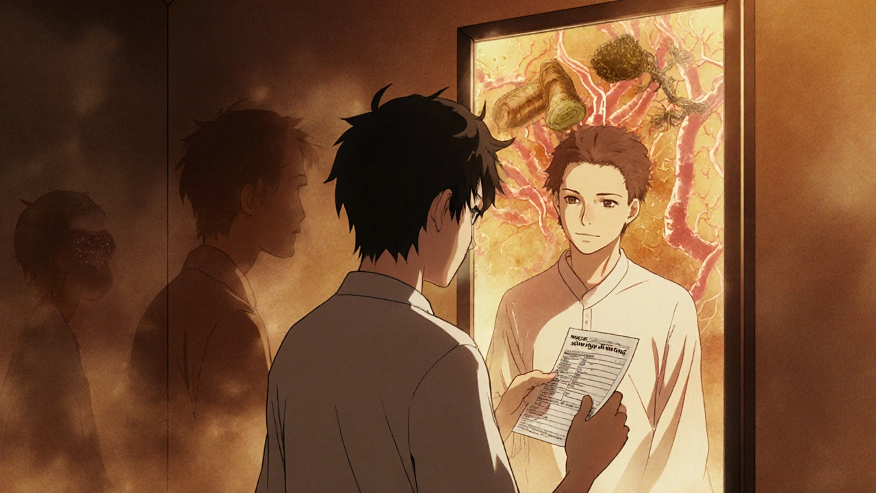 A man looking in a mirror as natural supplements fade away, replaced by a glowing vascular network.