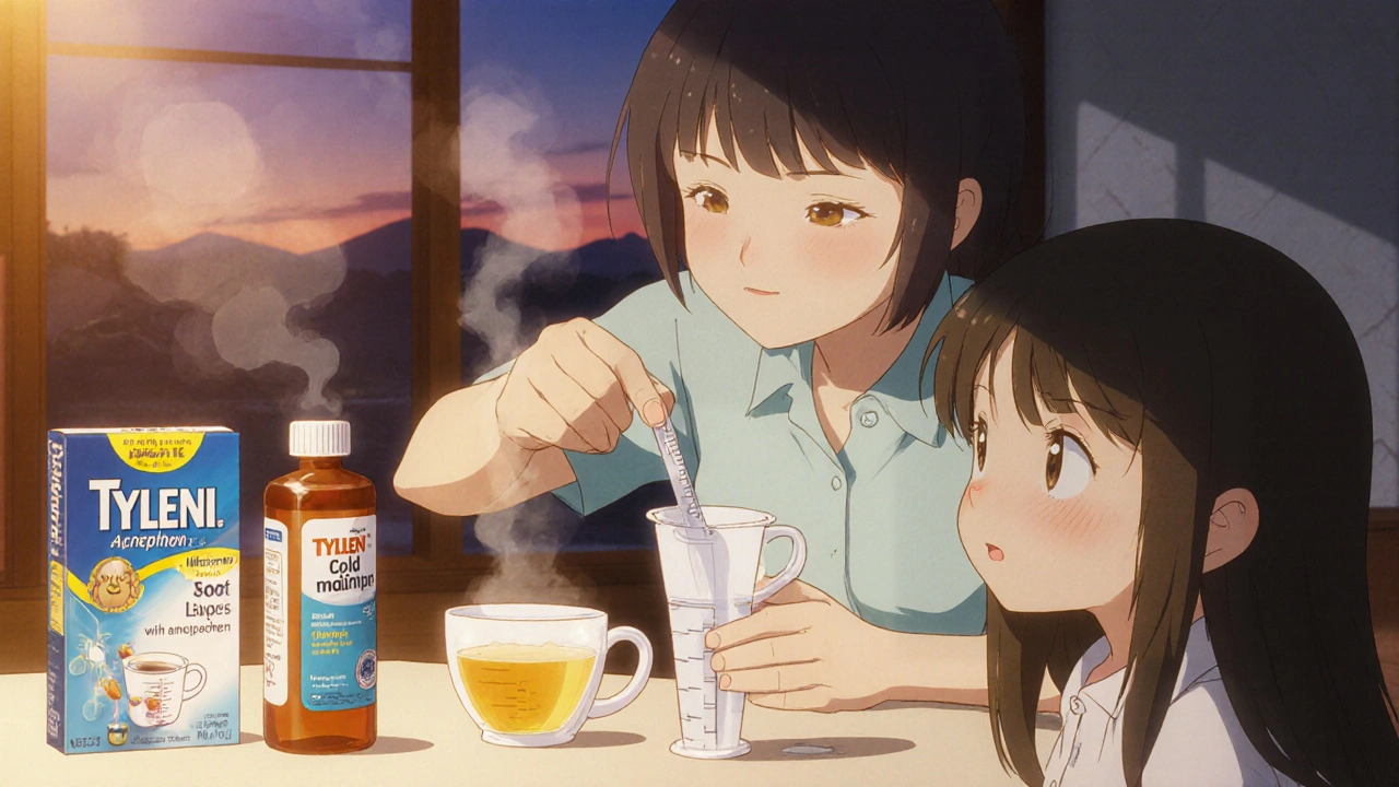 A mother accurately measuring children&#039;s medicine with a dosing cup in a cozy kitchen.