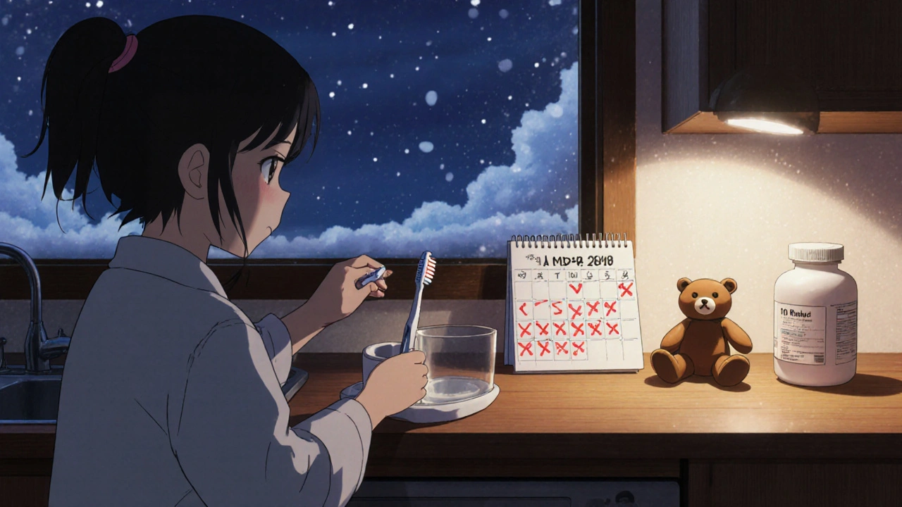 A mother replacing a toothbrush and marking antibiotic days on a calendar in a cozy kitchen at dusk.