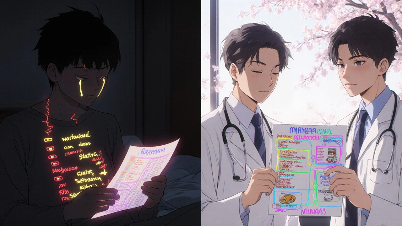 A patient holding a medication list, split between isolation and safe consultation with healthcare providers.