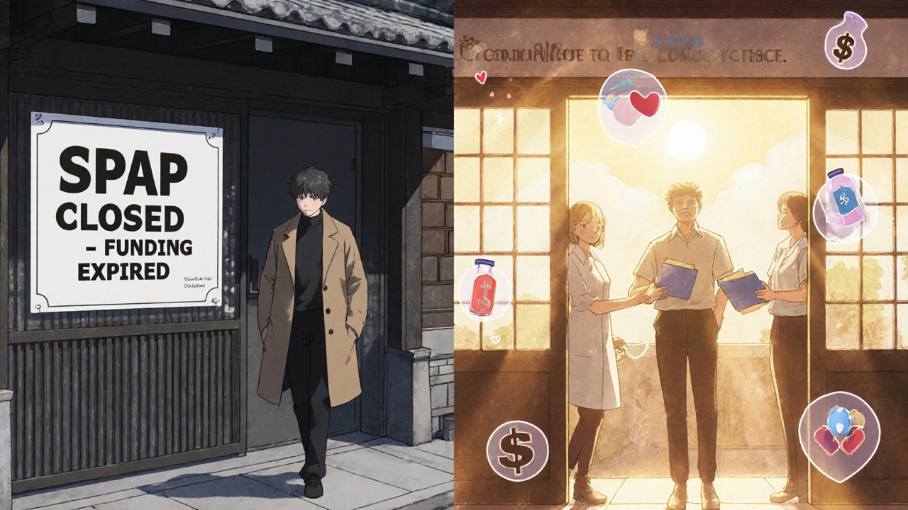 A person leaving a closed state office while entering a bright counseling center with volunteers offering help.